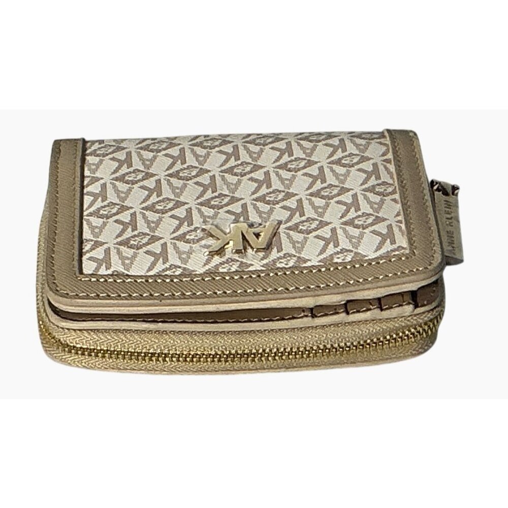 Anne Klein Small‎ Zip Wallet Beige & Gold Monogram Faux Leather Compact Design - Picture 4 of 13